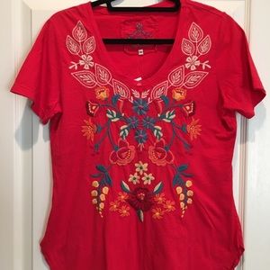 Johnny Was Red Embroidered Floral Top